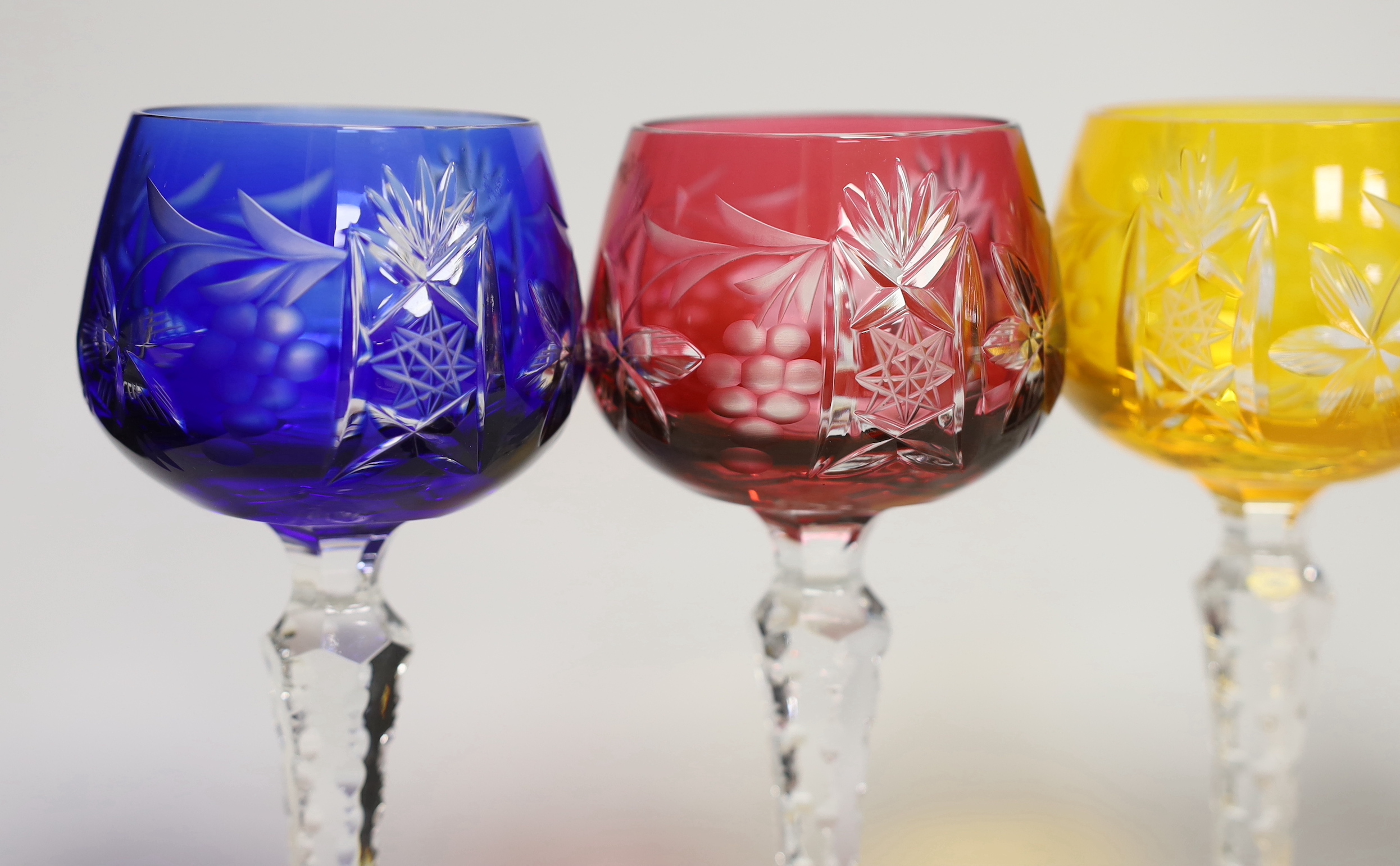 A harlequin set of six colour flashed German hock glasses, 19cm high
